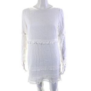 Ellelauri Women's Long Sleeves Tassel Crochet Trim Mini Dress White Size S